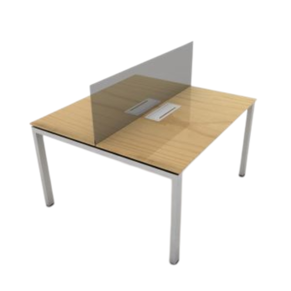 escritorio bench doble con separador de vidrio, caja electrica, estructura metalica doble