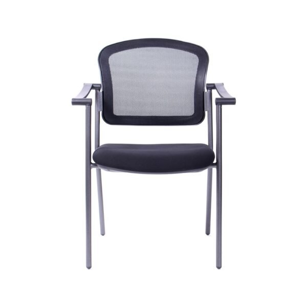 Silla de visita Confort, estructura de 4 patas pintadas color gris con negro, respaldo de malla y asiento tapizado, con brazos