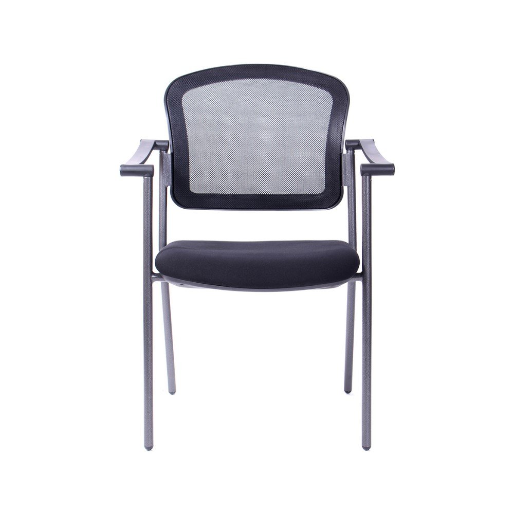 Silla de visita Confort, estructura de 4 patas pintadas color gris con negro, respaldo de malla y asiento tapizado, con brazos