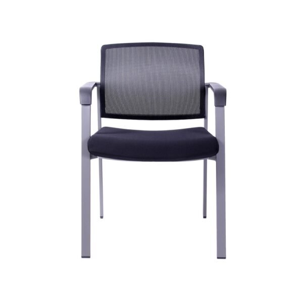 Silla de visita Mirror, estructura de 4 patas pintadas color gris, respaldo de malla y asiento tapizado, con brazos