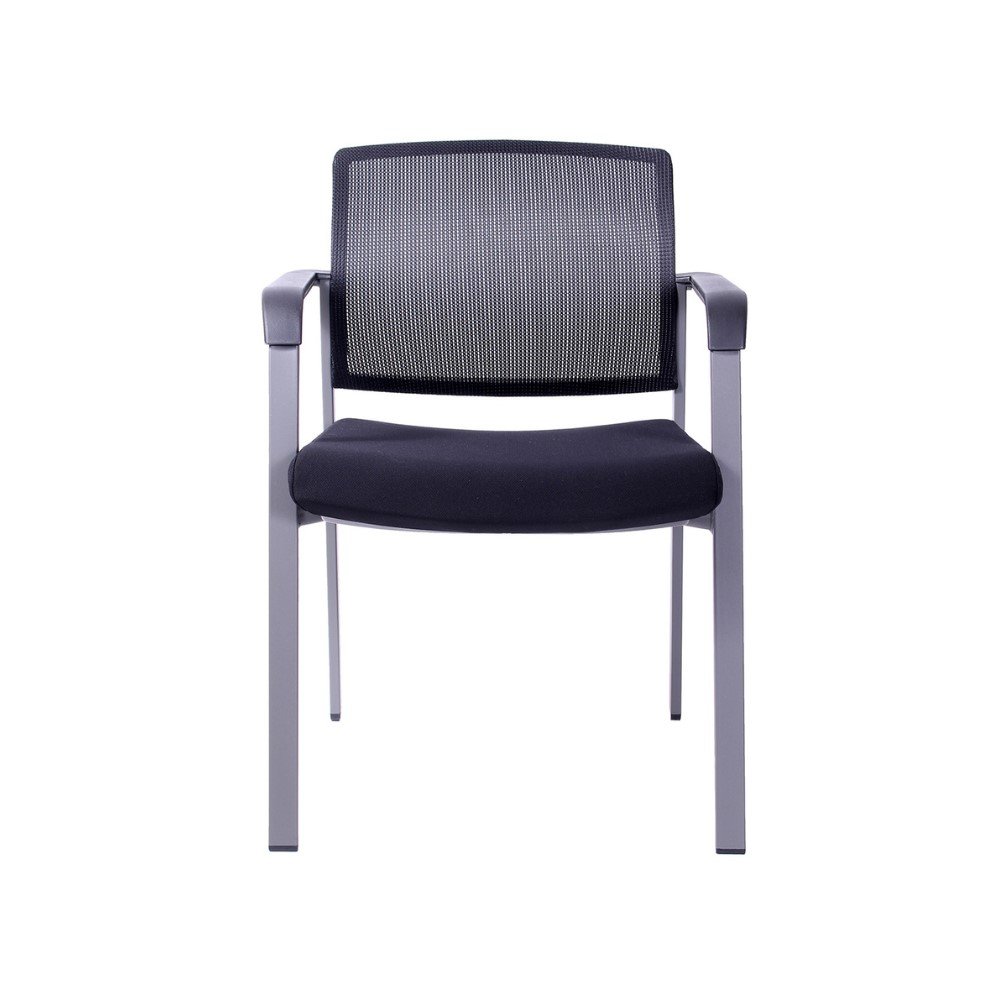 Silla de visita Mirror, estructura de 4 patas pintadas color gris, respaldo de malla y asiento tapizado, con brazos