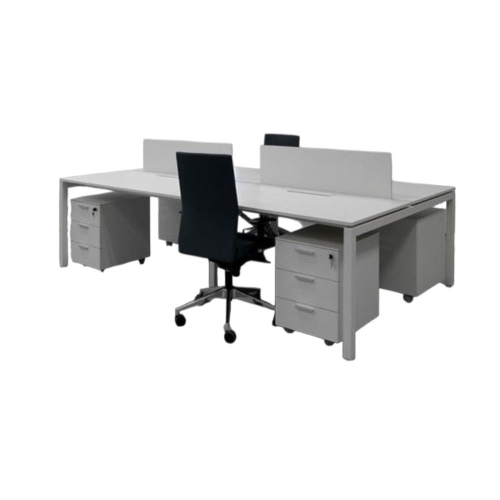 bench para 4 puestos, estructura metalica tipo corchete, separador de vidrio, cajoneras moviles