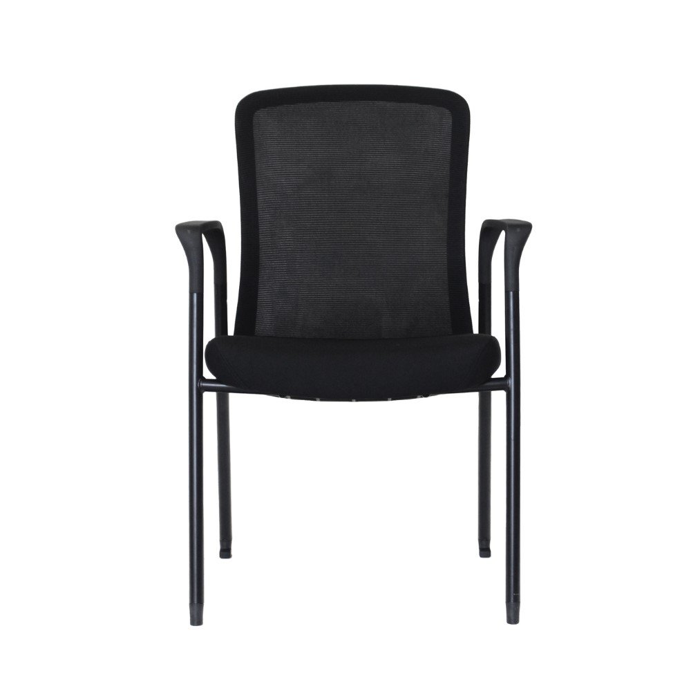 Silla de visita Mura, estructura de 4 patas pintadas negras, respaldo de malla y asiento tapizado