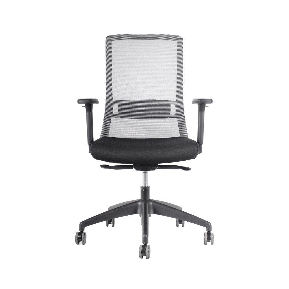 silla Ranco ejecutiva, profesional, respaldo malla gris o negra, asiento tapizado negro, sincronica, brazos regulables