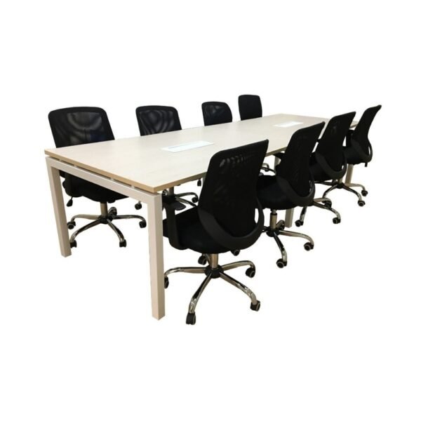 mesa de reuniones, estructura metalica tipo bench, base corchete, cubierta laminada o melamina, medidas a pedido. cajas electricas electrificables