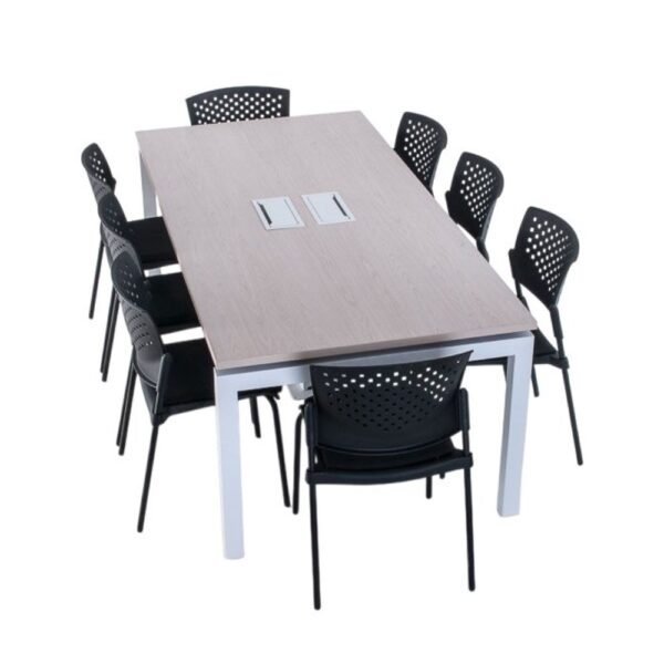 mesa de reuniones, estructura metalica tipo bench, base corchete, cubierta laminada o melamina, medidas a pedido. cajas electricas electrificables