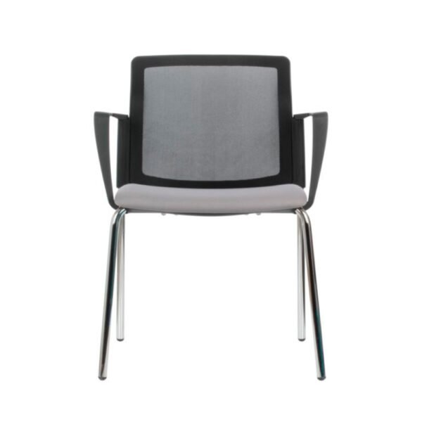Silla de visita o multiproposito Logan base de patas cromada o negra, asiento tapizado respaldo de malla. Con brazos fijos