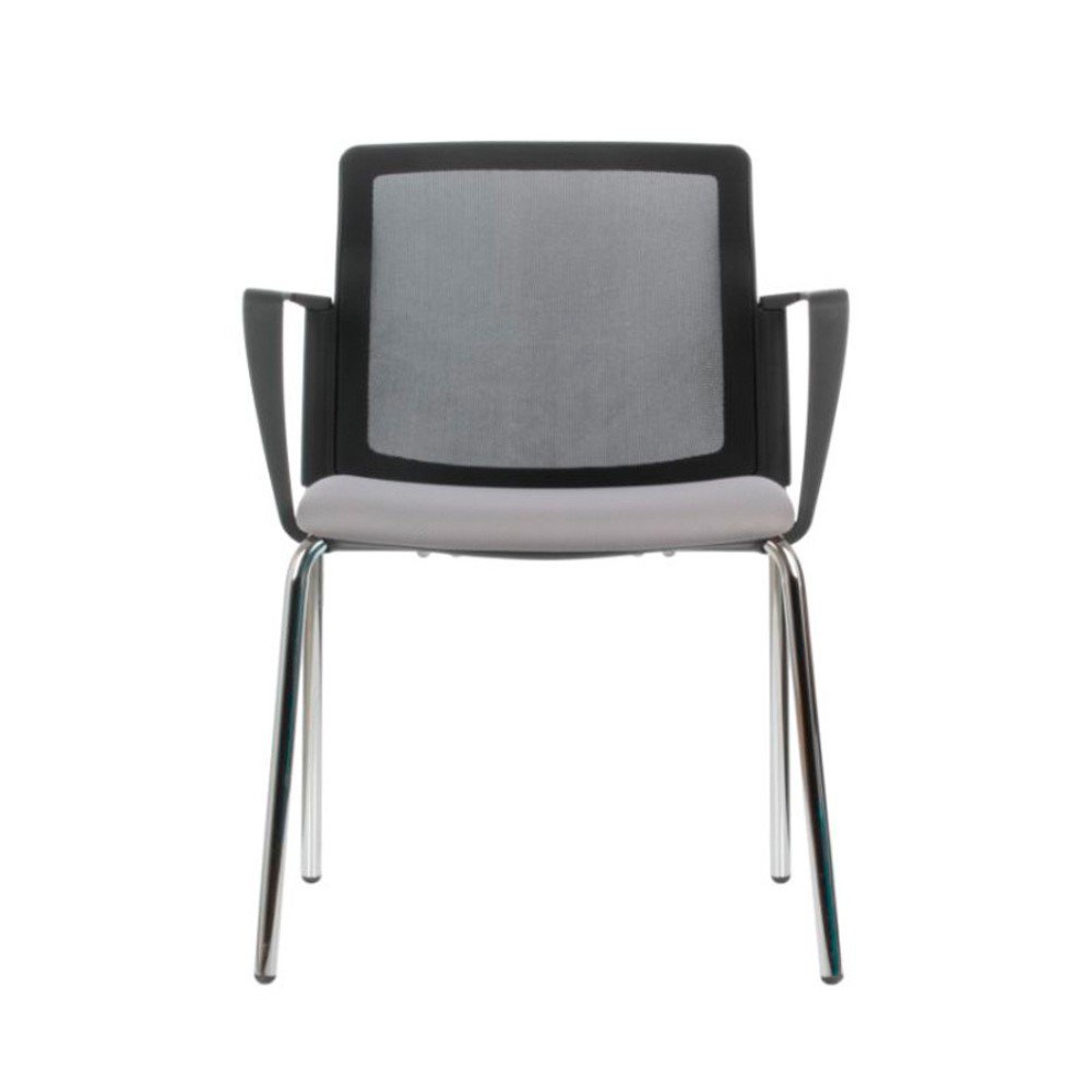Silla de visita o multiproposito Logan base de patas cromada o negra, asiento tapizado respaldo de malla. Con brazos fijos