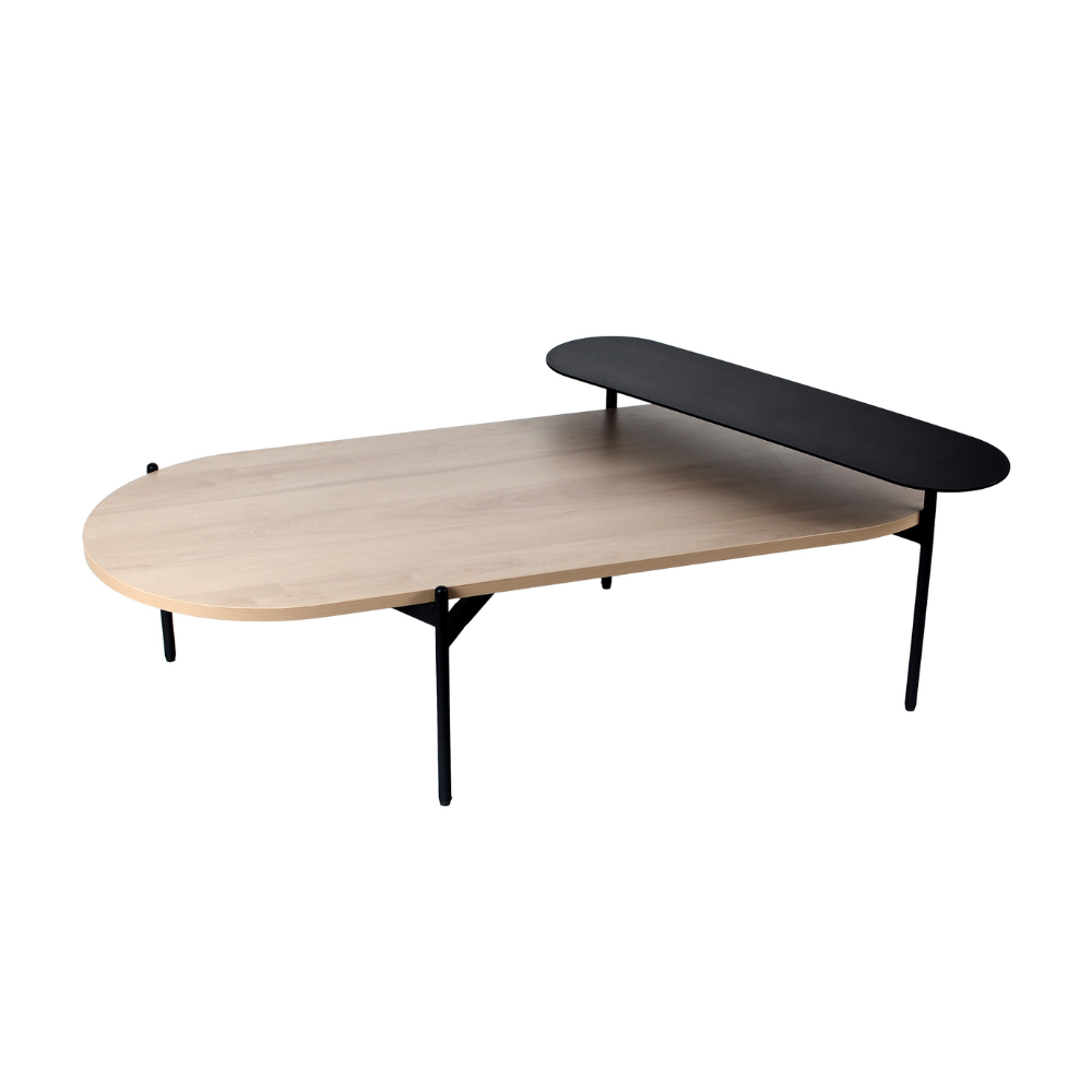 mesa de centro Polaris, cubierta colpr Peral con doble cubierta de aceero negra