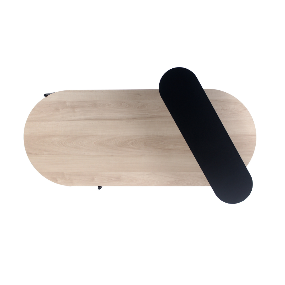 mesa de centro Polaris, cubierta colpr Peral con doble cubierta de aceero negra