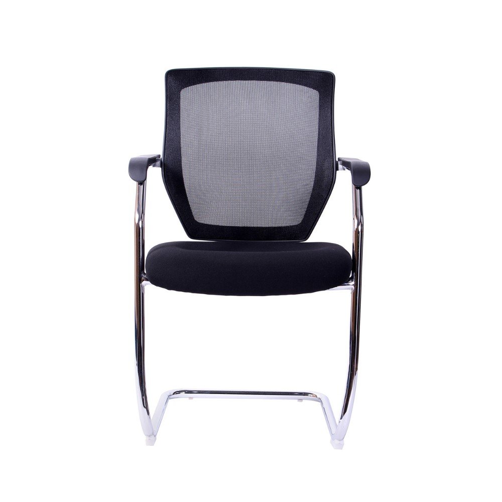 Silla de visita Tera, estructura trineo cromada, brazos fijos, respaldo de malla y asiento tapizado