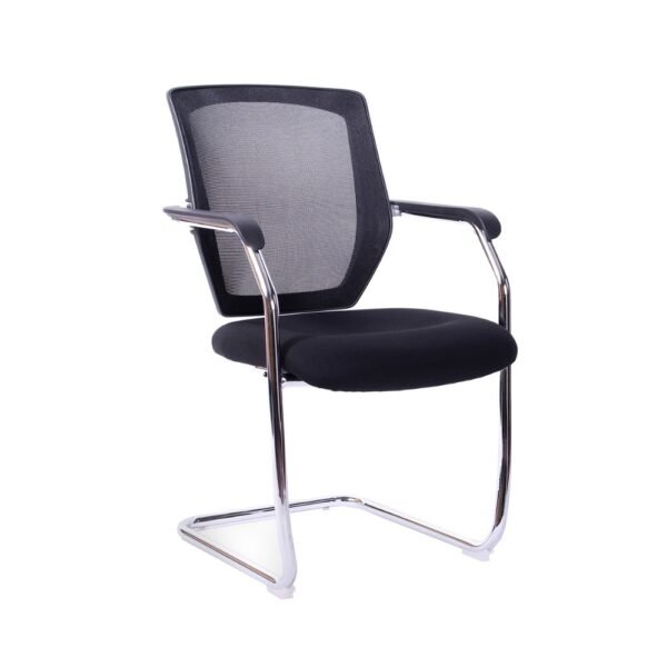 Silla de visita Tera, estructura trineo cromada, brazos fijos, respaldo de malla y asiento tapizado