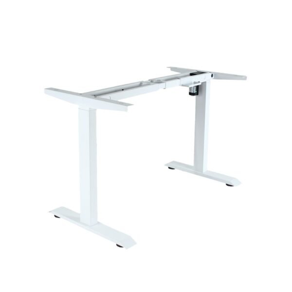 estructura escritorio Duco, de acero pintado blanco para escritorio con regulación de altura mediante patas telescópicas accionadas con un motor (220 volt). Permite ajuste de altura entre 72 y 120 cm. Cuenta con panel digital de mando manual o mediante 3 memorias programables