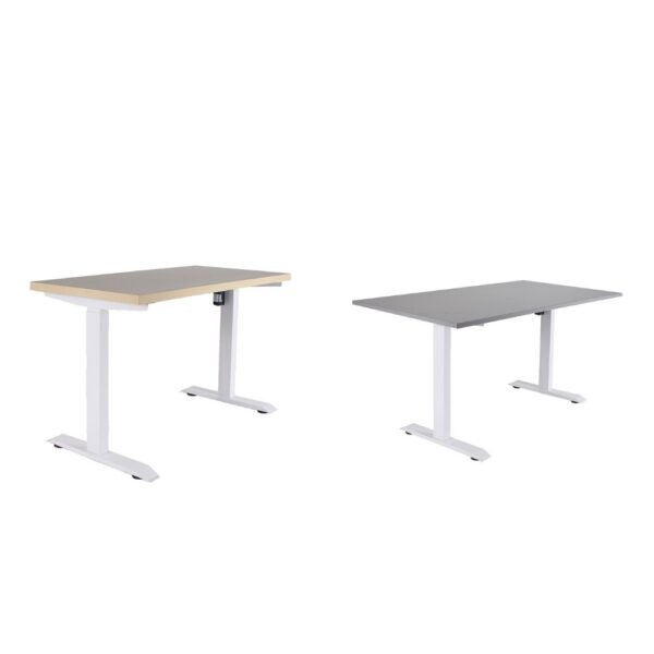 escritorio recto Duco, estructura de acero pintado blanco para escritorio con regulación de altura mediante patas telescópicas accionadas con un motor (220 volt). Permite ajuste de altura entre 72 y 120 cm. Cuenta con panel digital de mando manual o mediante 3 memorias programables