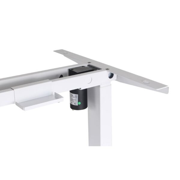 estructura metalica Duco de acero pintado blanco para escritorio con regulación de altura mediante patas telescópicas accionadas con un motor (220 volt). Permite ajuste de altura entre 72 y 120 cm. Cuenta con panel digital de mando manual o mediante 3 memorias programables