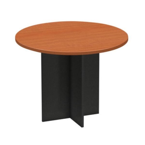 mesa de reuniones redonda con base de melamina en cruz