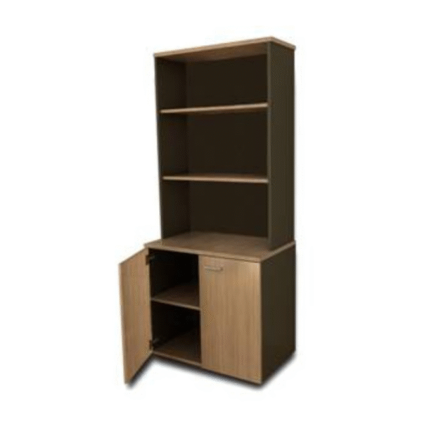 gabinete con biblioteca para archivos, repisas a la vista y gabinete inferior con puertas de abatir