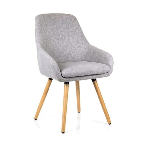poltrona Frida asiento y respaldo tapizados tela gris, patas de madera