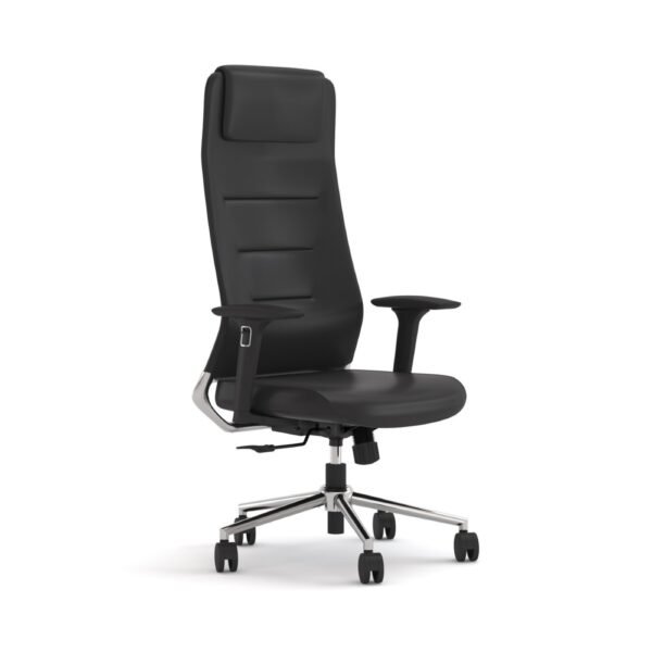silla gerencial o ejecutiva de respaldo alto, completa tapizada en PU negro, brazos regulables, base estrella cromada
