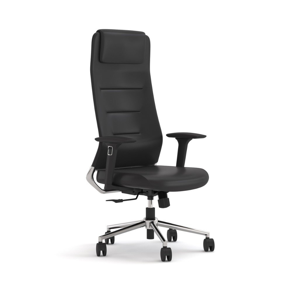silla gerencial o ejecutiva de respaldo alto, completa tapizada en PU negro, brazos regulables, base estrella cromada