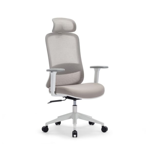 Silla ejecutiva, gerencial con cabecro BKN, respaldo alto, ergonomica, brazos regulables, respaldo malla gris, asiento tapiz gris