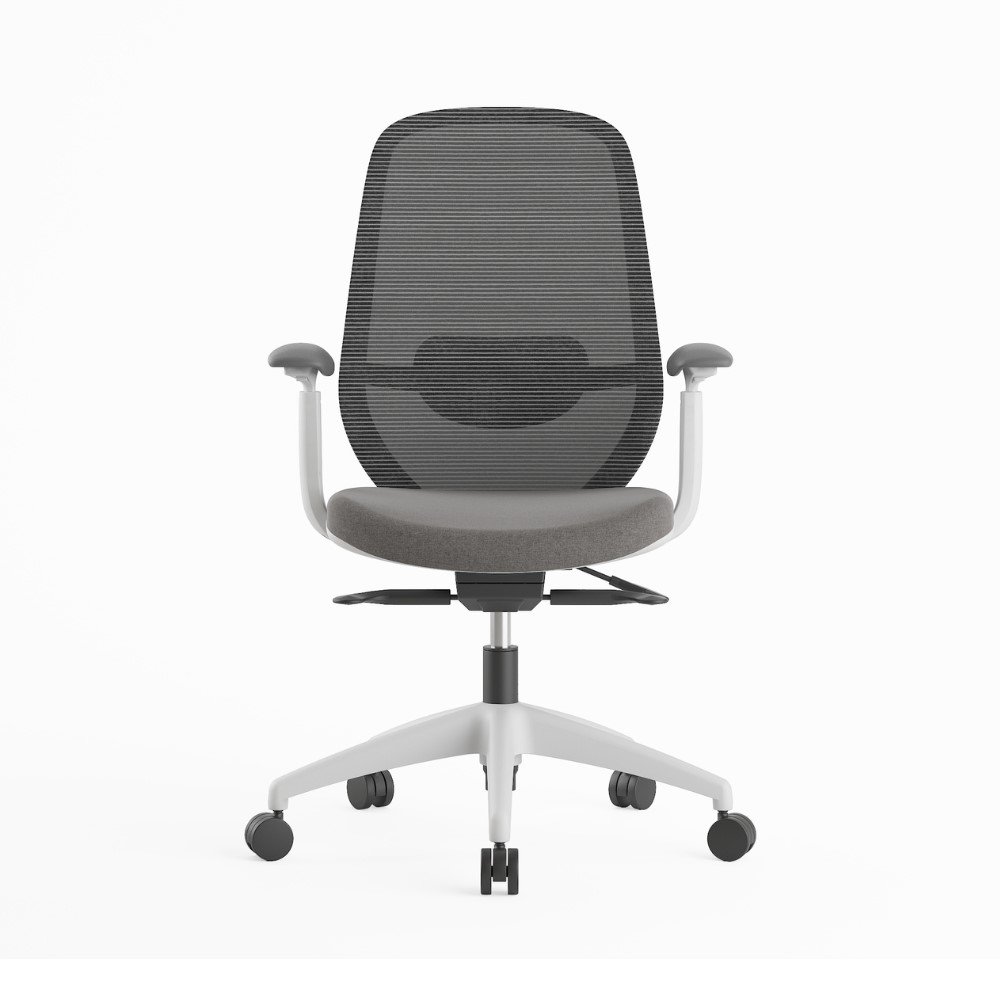 silla ejecutiva o gerencial estructura gris, asiento tapizado color gris, respaldo de malla gris, con cabecero tapizado, brazos regulables, mecanismo autopesante