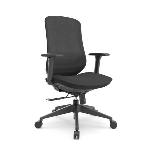 silla ejecutiva Cadiz de respaldo alto, mecanismo autopesante, asiento con espuma tapizada y respaldo de malla, braazos regulables