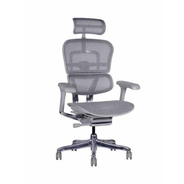 silla de alta gama Ergohuman Fit gris, respaldo y asiento de malla, mecanismo sincronico con desplazador de asiento, brazos 3d, base de aluminio, cabecro de malla