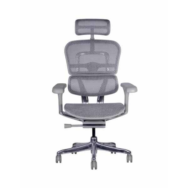 silla de alta gama Ergohuman Fit gris, respaldo y asiento de malla, mecanismo sincronico con desplazador de asiento, brazos 3d, base de aluminio, cabecro de malla