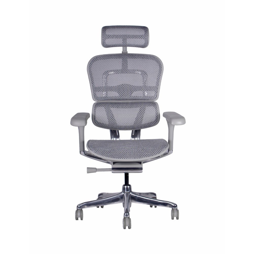 silla de alta gama Ergohuman Fit gris, respaldo y asiento de malla, mecanismo sincronico con desplazador de asiento, brazos 3d, base de aluminio, cabecro de malla