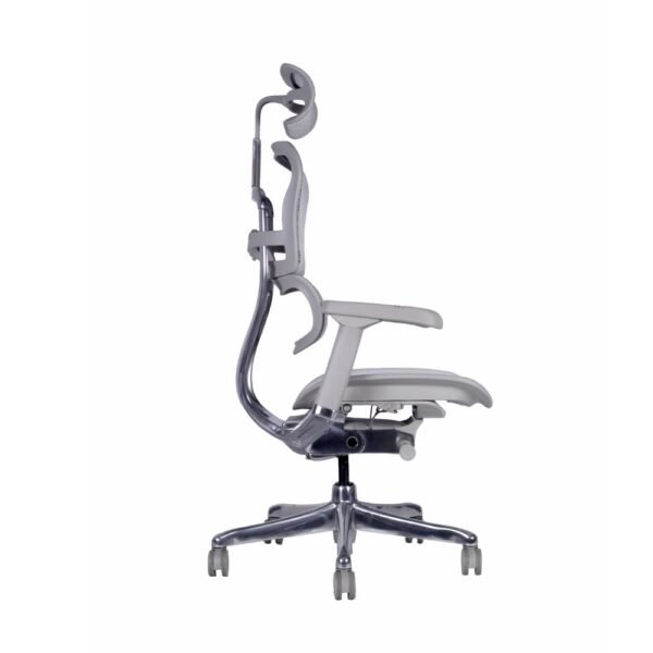 silla de alta gama Ergohuman Fit gris, respaldo y asiento de malla, mecanismo sincronico con desplazador de asiento, brazos 3d, base de aluminio, cabecro de malla