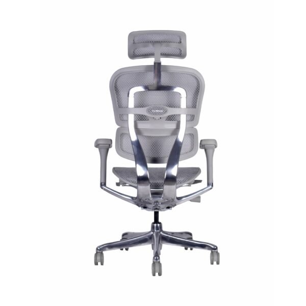 silla de alta gama Ergohuman Fit gris, respaldo y asiento de malla, mecanismo sincronico con desplazador de asiento, brazos 3d, base de aluminio, cabecro de malla