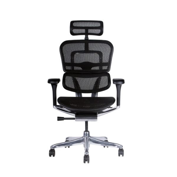 silla de alta gama Ergohuman Elite negra, respaldo y asiento de malla, mecanismo sincronico con desplazador de asiento, brazos 3d, base de aluminio, cabecro de malla