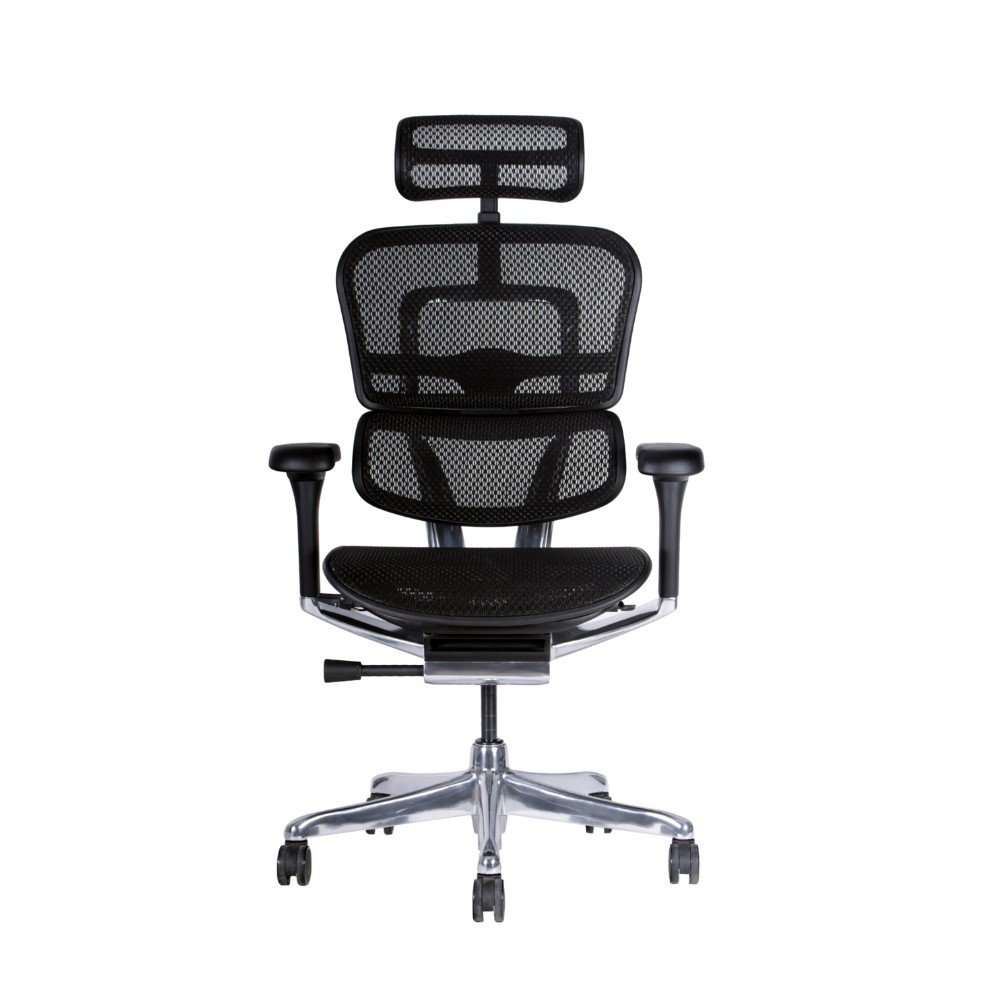 silla de alta gama Ergohuman Elite negra, respaldo y asiento de malla, mecanismo sincronico con desplazador de asiento, brazos 3d, base de aluminio, cabecro de malla