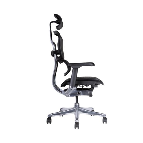 silla de alta gama Ergohuman Elite negra, respaldo y asiento de malla, mecanismo sincronico con desplazador de asiento, brazos 3d, base de aluminio, cabecro de malla