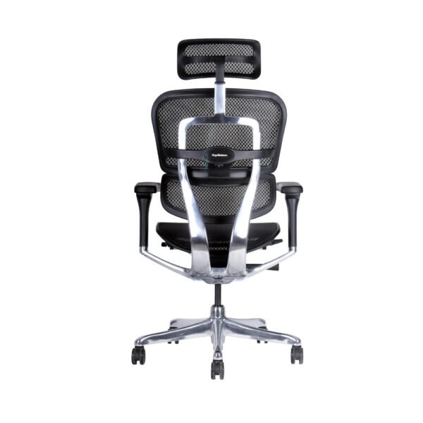 silla de alta gama Ergohuman Elite negra, respaldo y asiento de malla, mecanismo sincronico con desplazador de asiento, brazos 3d, base de aluminio, cabecro de malla