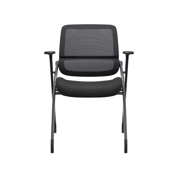 Silla plegable, multipropósito o multifuncional Flex, con brazos, respaldo de malla negra, asiento tapizado negro. Estructura plegable pintada color negro