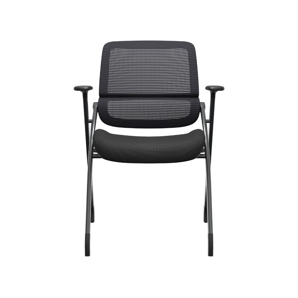 Silla plegable, multipropósito o multifuncional Flex, con brazos, respaldo de malla negra, asiento tapizado negro. Estructura plegable pintada color negro