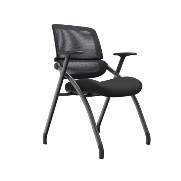 Silla plegable, multipropósito o multifuncional Flex, con brazos, respaldo de malla negra, asiento tapizado negro. Estructura plegable pintada color negro