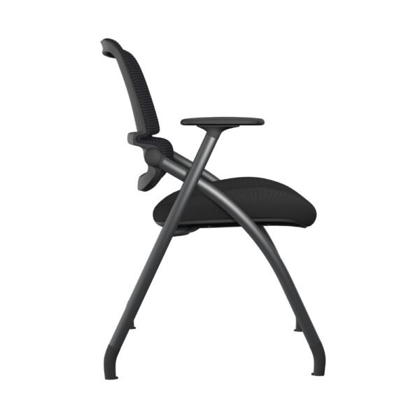 Silla plegable, multipropósito o multifuncional Flex, con brazos, respaldo de malla negra, asiento tapizado negro. Estructura plegable pintada color negro