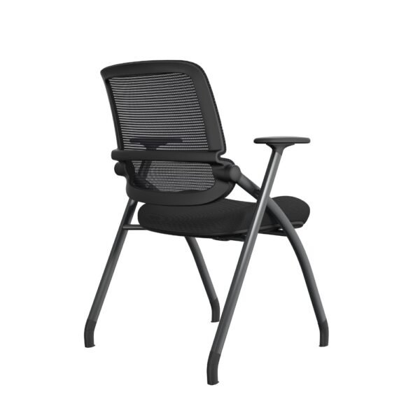 Silla plegable, multipropósito o multifuncional Flex, con brazos, respaldo de malla negra, asiento tapizado negro. Estructura plegable pintada color negro