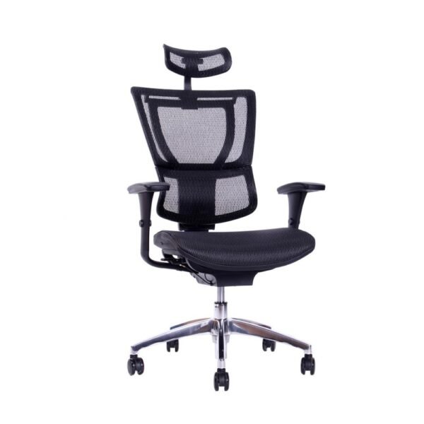 silla de alta gama IOO black, respaldo y asiento de malla, mecanismo sincronico con desplazador de asiento, brazos 3d, base de aluminio