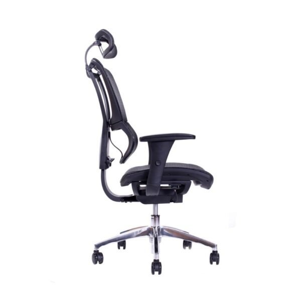 silla de alta gama IOO black, respaldo y asiento de malla, mecanismo sincronico con desplazador de asiento, brazos 3d, base de aluminio