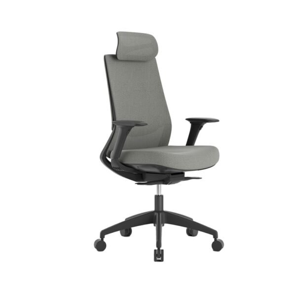 silla gerencial o ejecutiva Ness con cabecero, ergonomica, profesional, mecianismo sincronico, asiento tapizado color gris, respaldo malla gris, estructura negra, brazos regulables.