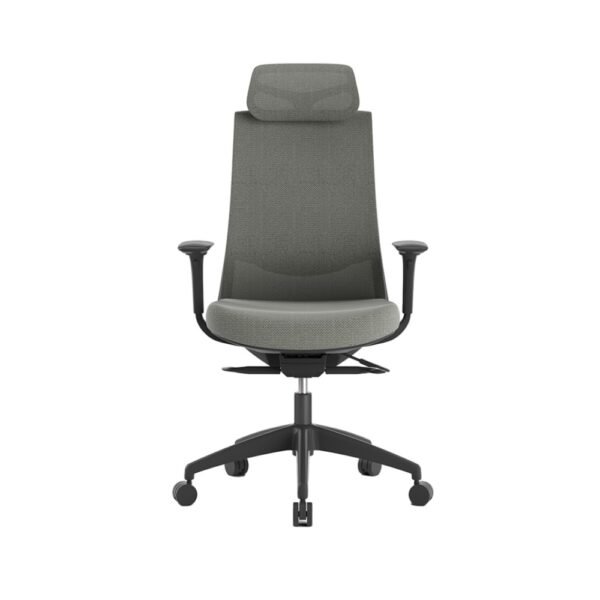 silla gerencial o ejecutiva Ness con cabecero, ergonomica, profesional, mecianismo sincronico, asiento tapizado color gris, respaldo malla gris, estructura negra, brazos regulables.