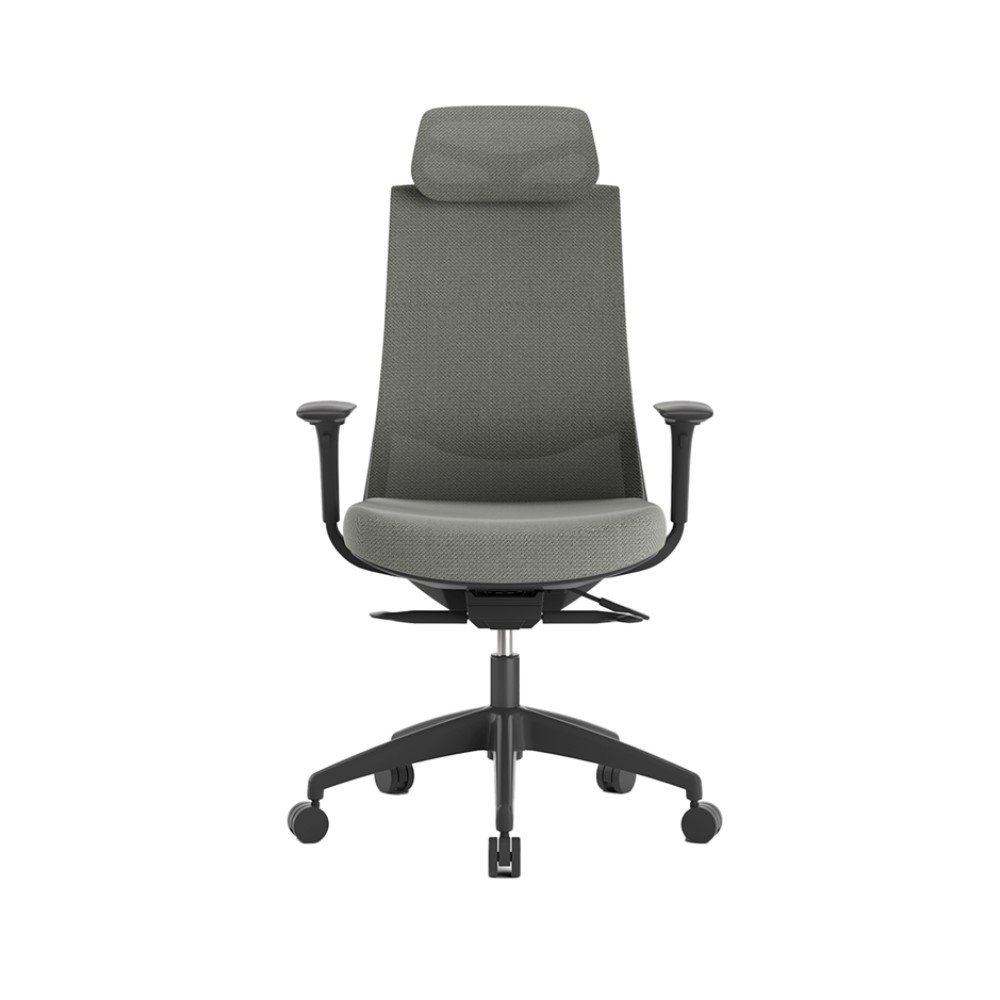 silla gerencial o ejecutiva Ness con cabecero, ergonomica, profesional, mecianismo sincronico, asiento tapizado color gris, respaldo malla gris, estructura negra, brazos regulables.