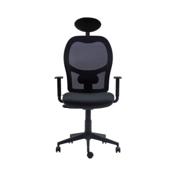 Silla ejecutiva de resplado alto, malla negra, asiento tapizado, brazos regulables