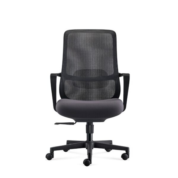Silla ejecutiva, operativa Rumba, respaldo de malla negra, asiento tapizado, brazos fijos, apoyo lumbar
