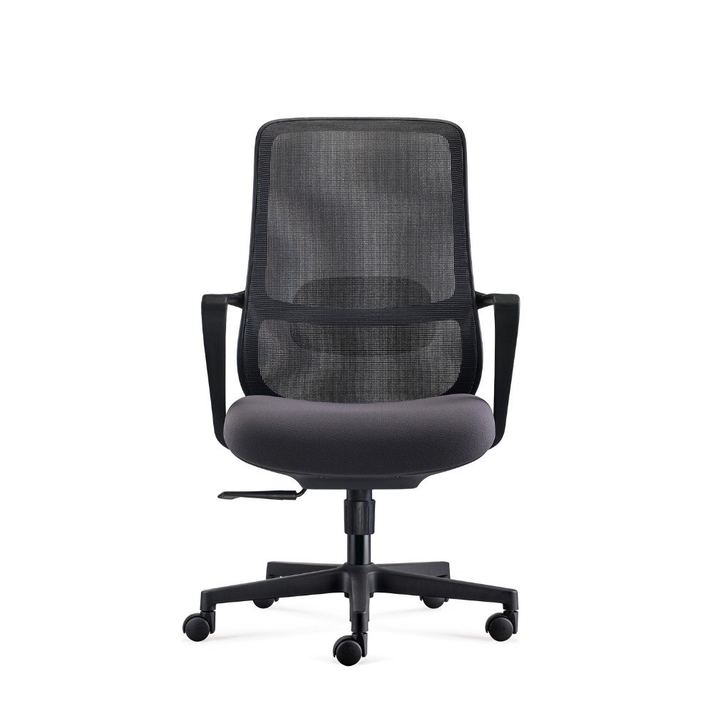 Silla ejecutiva, operativa Rumba, respaldo de malla negra, asiento tapizado, brazos fijos, apoyo lumbar