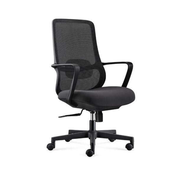 Silla ejecutiva, operativa Rumba, respaldo de malla negra, asiento tapizado, brazos fijos, apoyo lumbar